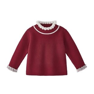 [抗菌远红外]女童毛衣红色秋冬宝宝法式花边半高领小童儿童针织衫