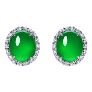 AILEQ纯银镀金天然玉髓玛瑙石椭圆阳绿蛋面耳钉珠宝轻奢媲美翡翠