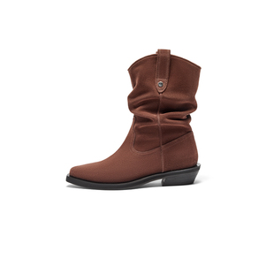 明星同款LABERTHREE秋冬新品时尚松弛感擦色褶皱西部靴中筒堆堆靴