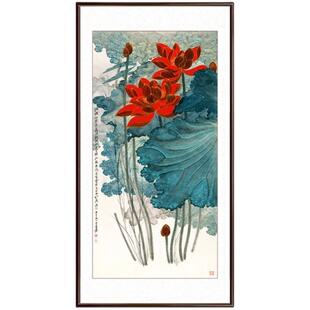 张大千金线荷花玄关装饰画走廊过道壁画竖版花鸟画新中式客厅挂画