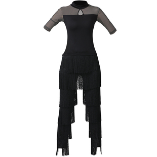 拉丁舞流苏舞蹈裤子女国标舞专业黑色成年练功服网红伦巴舞上衣秋