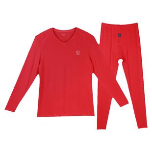 仕乐V领男士发热纤维保暖内衣大红本命年女蕾丝秋衣秋裤套装蛇年