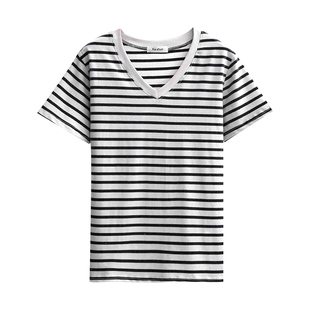 正肩条纹t恤女短袖夏季2026新款宽松半袖纯棉V领上衣妈妈洋气小衫