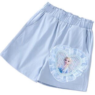 女童蓝白色短裤外穿夏薄款爱沙公主裤子超好看小孩纯棉五分裤透气