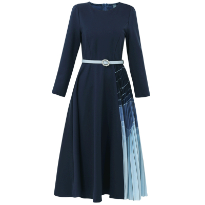 未风气质深蓝色连衣裙女秋