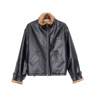 Hualun皮草毛领皮衣痞帅皮毛一体外套宽松潮冬季保暖机车夹克男款