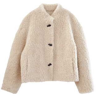 01/04 0点ohmyloli燕麦色羊羔毛复合麂皮绒牛角扣落肩环保皮草