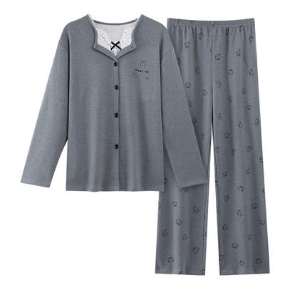 德绒睡衣女保暖长袖蕾丝花边翻领