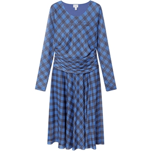 Juicy Couture橘滋连衣裙女26春夏新款蓝色格纹长袖显瘦大摆裙子