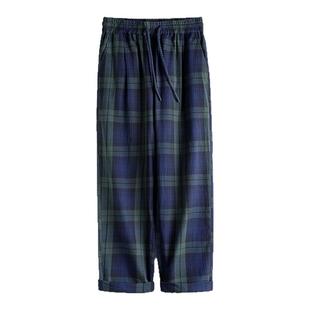 马登工装复古休闲苏格兰格子裤泡泡纱男裤肌理感格纹长裤子夏春