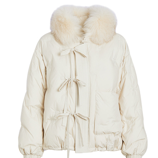 qs秸熙冬季新款轻国风盘扣羽绒服蝴蝶结系带狐狸毛领保暖短款外套