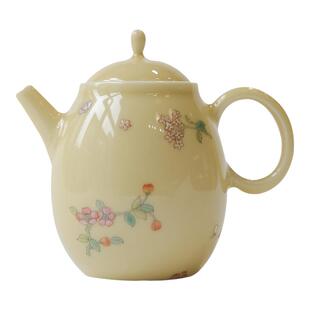 小谦山房娇黄粉彩花卉仿古陶瓷壶泡茶办公室一人喝小茶壶功夫茶具