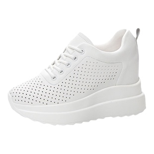 10cm坡跟鞋女2026新款内增高小白鞋春厚底镂空透气真皮洞洞女单鞋