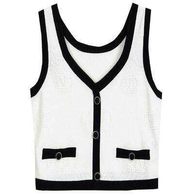 墨蒂珂套头V领撞色无袖针织衫