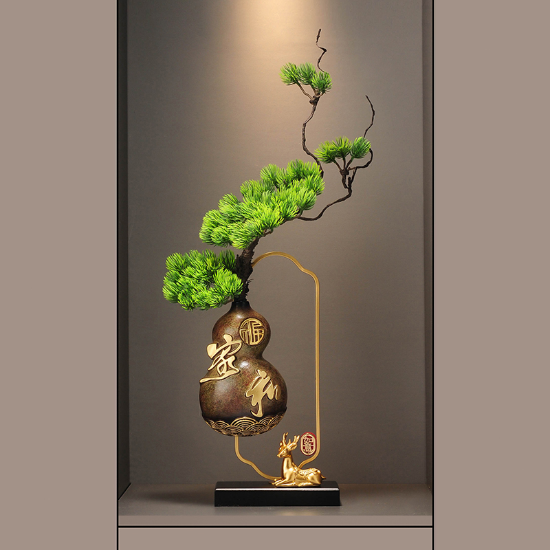 新中式家和葫芦花瓶迎客松入门玄关壁龛细高摆件高级感客厅装饰品