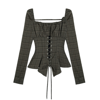 绿格不规则下摆上衣显瘦