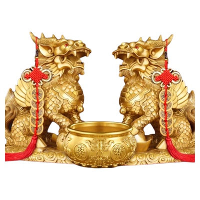 铜麒麟摆件一对公母纯黄铜全铜家用卧室客厅入户门口护宅送聚宝盆