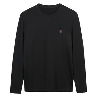 才子男装黑色圆领长袖T恤男2025春秋新款舒适简约休闲内搭打底衫