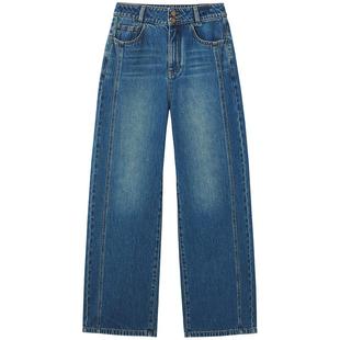 热风2025年秋季新款女士纯棉双侧线阔腿牛仔裤版型挺括显瘦