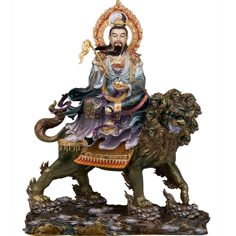 铜彩绘太乙真人摆件家用供奉骑狮子坐狮太乙救苦天尊客厅工艺品