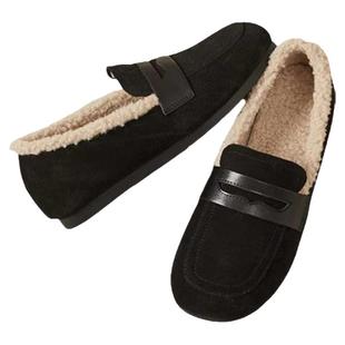 秋冬款圆头纯色平底懒人百搭外穿加绒33-43码毛毛乐福豆豆单鞋