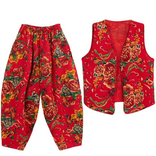 东北大花团体演出服民族风马甲吊档裤套装广场舞大妈阔腿裤打鼓服