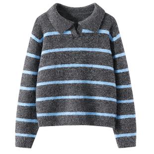 班尼路条纹毛衣女2026新款冬撞色小翻领毛衫百搭针织衫内搭上衣M