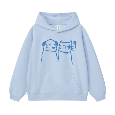 【无语猫狗】美式手绘卡通猫狗印花男女重磅嘻哈情侣上衣连帽卫衣