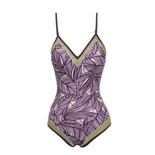 visual mood复古泳衣女显瘦双面印花紫V领露背温泉度假连体泳衣