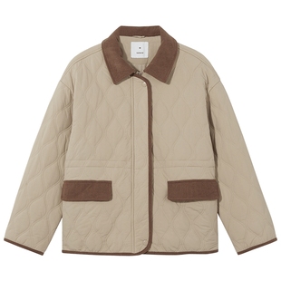 热风女士翻领棉服2025年冬季新款复古美拉德棉服夹克外套上衣