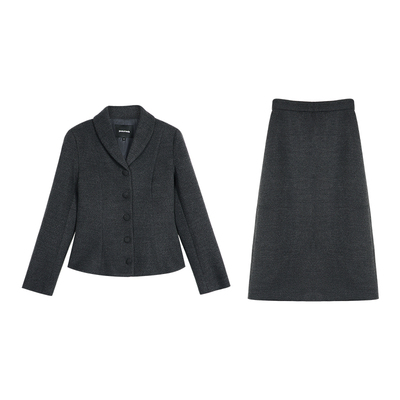 pusumede 暗调优雅 黑色呢子收腰西装外套女毛呢直筒半身裙套装