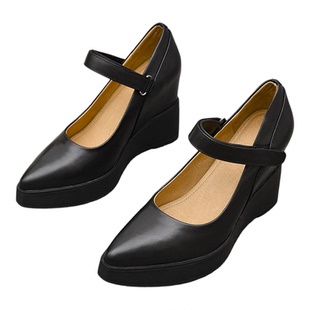 10cm超高跟尖头一脚蹬内增高单鞋秋季新款厚底真皮显瘦坡跟女鞋潮