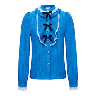 LULUALWAYS我爱露露新款甜美肌理感泡泡袖蓝色花边衬衫