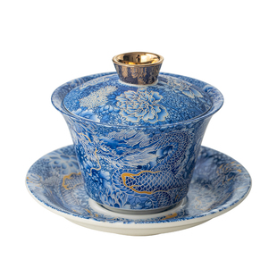 陶瓷银龙可悬停旋转盖碗茶杯家用单个高档三才茶具套装泡茶碗带盖