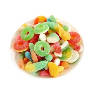 多彩橡皮软糖酸砂爆浆涂油水果味汁混合口味休闲小吃零食QQ弹糖果