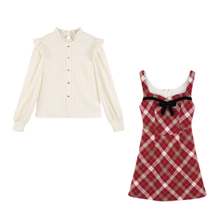 复古法式红色格子背带连衣裙女春秋2025年新款小个子甜美新年战袍