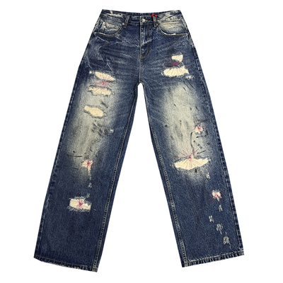 个性潮流做旧泼墨破洞贴布直筒牛仔裤男款美式高街宽松阔腿长裤子