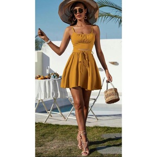 O 44065 Sweet Waist Tie Sundress 清新甜美吊带裙 跨境欧美