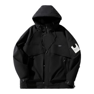 ALLIN 黑色连帽羽绒服男生冬季美式潮牌加厚保暖情侣工装休闲外套