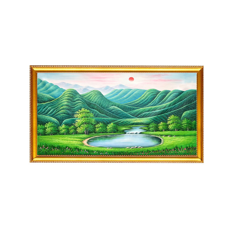 纯手绘简约聚宝盆油画太阳风景绿油画