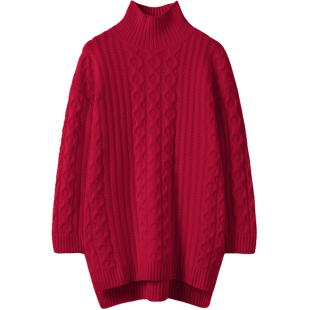 半高领羊绒衫女100纯山羊绒加厚新品宽松慵懒风中长款毛衣女秋冬