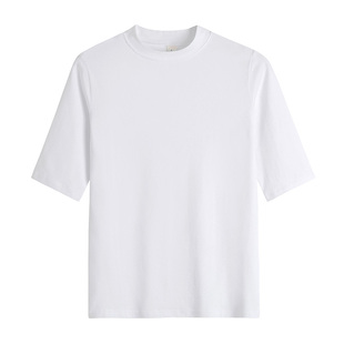 纯棉半高领白色中袖t恤女夏季五分袖修身内搭打底衫春秋体恤上衣