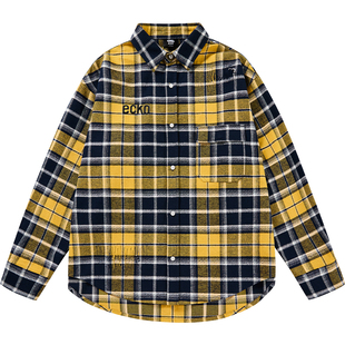 ecko红犀牛  美式复古黄色格子长袖衬衫男女2025秋季新款衬衣外套