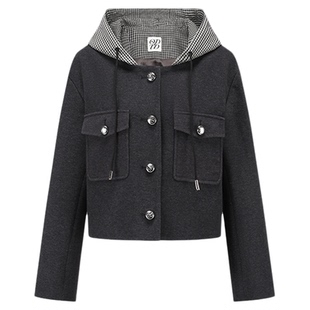 【设计师女装】ODTD秋冬新款薄呢格子连帽撞色短款外套百褶裙女