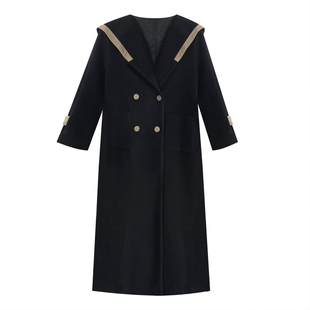 慕翎大码女装黑色毛呢大衣女中长款双排扣金扣高级感温柔风外套
