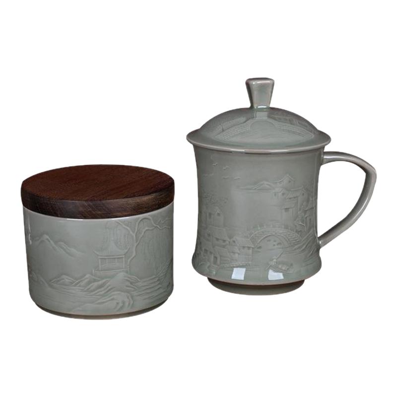 精品青瓷乡韵茶杯茶叶罐套装