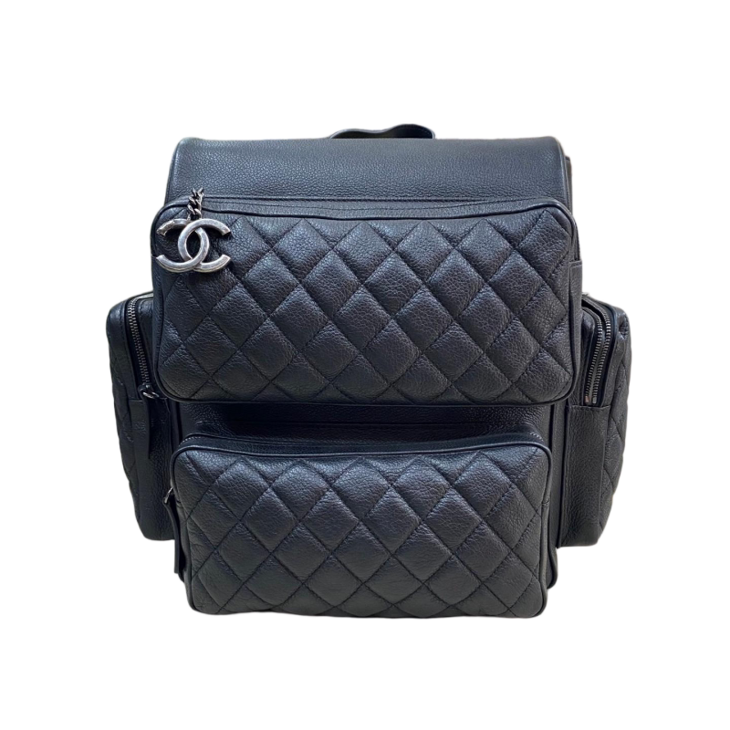 [99新]Chanel/香奈儿 黑色牛皮荔枝纹复古银机场系列双肩包背包