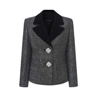 NanaJacqueline丝绒翻领拼接编织亮片外套女冬新款钻扣小香风西装