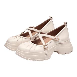 KISSCAT接吻猫增高真皮白色单鞋厚底交叉带芭蕾运动玛丽珍鞋女