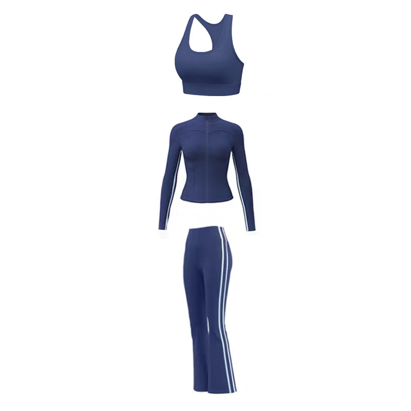运动服套装女休闲时尚条纹三件套瑜伽服显瘦微喇健身长裤子秋季款